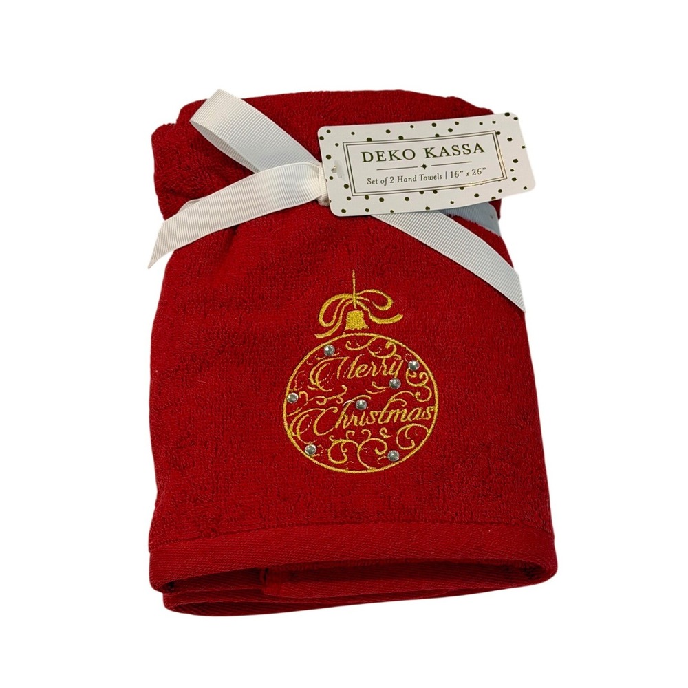 NEW Deko Kassa Set of 2 Christmas Hand Towels Red Gold Ornament Rhinestone 16x26